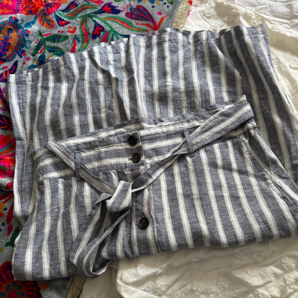 Christian Siriano Skirt 2X Grey White Stripe Linen Button Front Tie Waist Midi - Picture 4 of 8